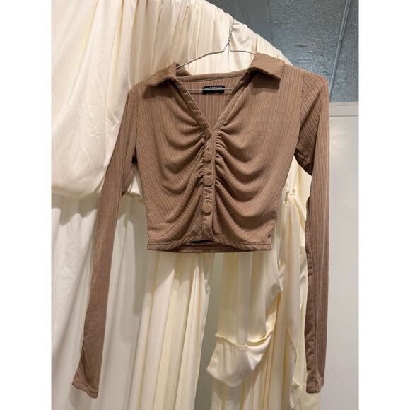 Naked Wardrobe Mocha Button Up Crop Top Ribbed Stretch Long Sleeve Womens Medium - Picture 2 of 4